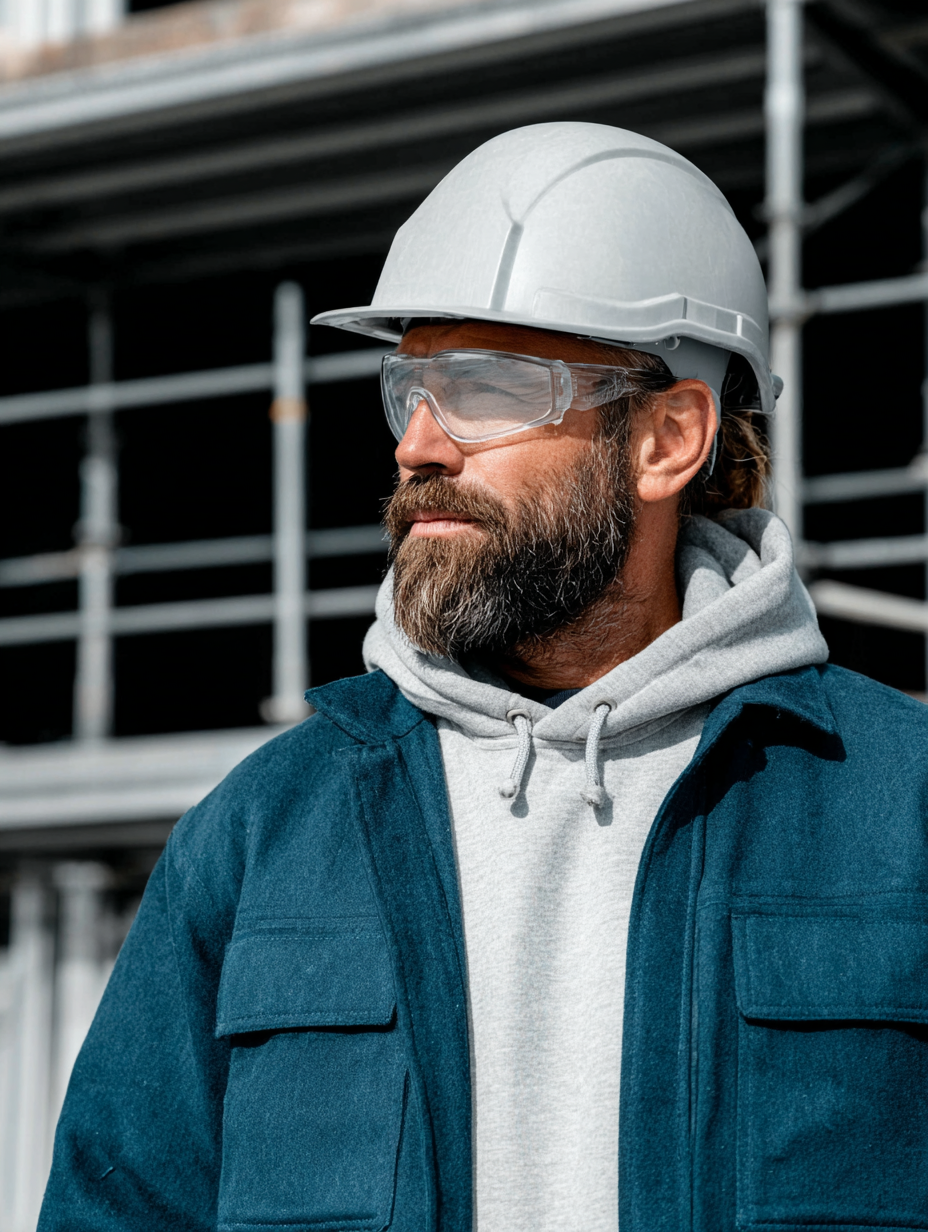 Construction worker wearing white safety helmet and protective goggles on a job site