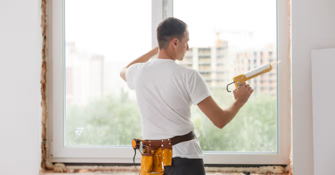 Homme avec ceinture à outils appliquant un scellant de calfeutrage autour d’une grande fenêtre intérieure en cours de rénovation.