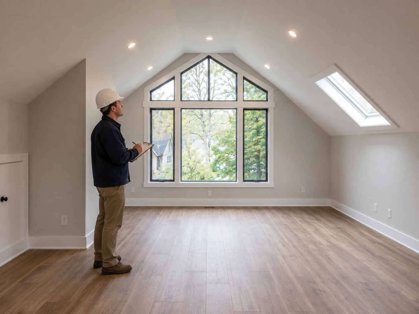 Building inspector evaluating a renovated attic room with a vaulted ceiling, recessed lighting, skylight, large triangular window, and wood flooring