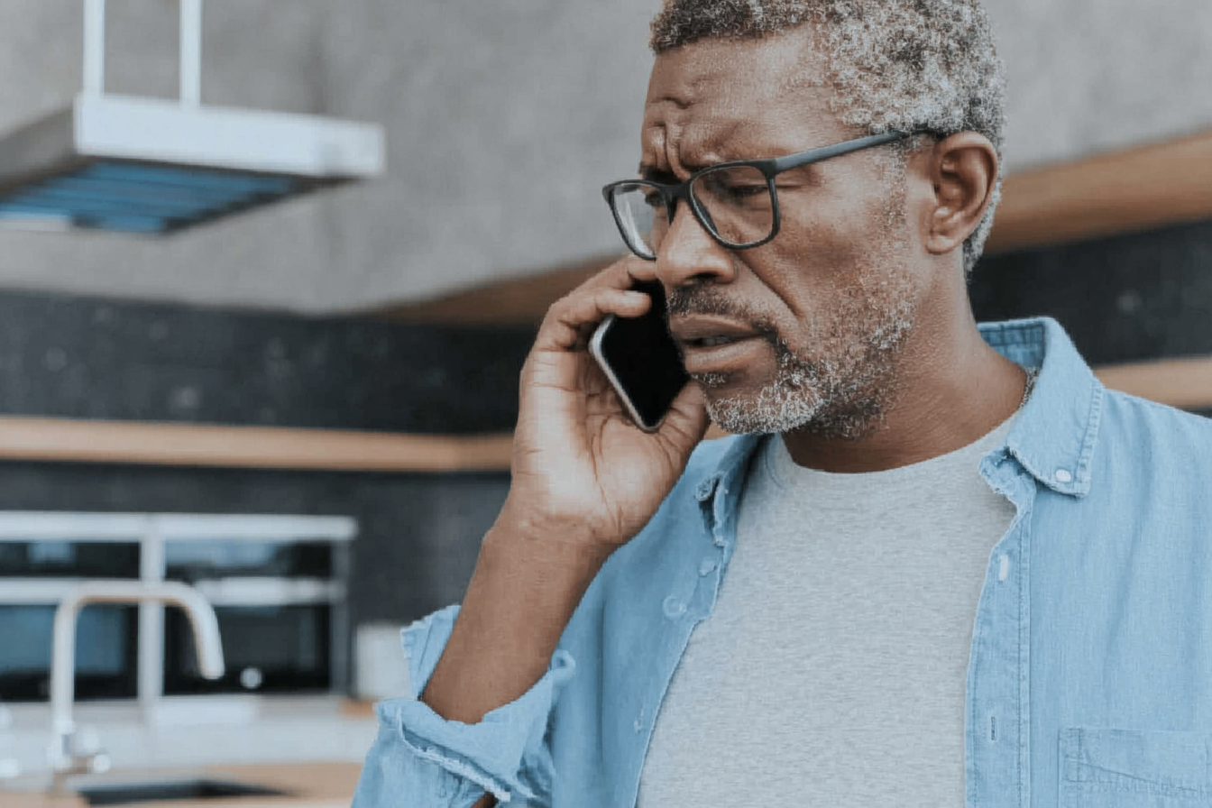 A middle-aged man talking on the phone in a modern kitchen with a worried expression