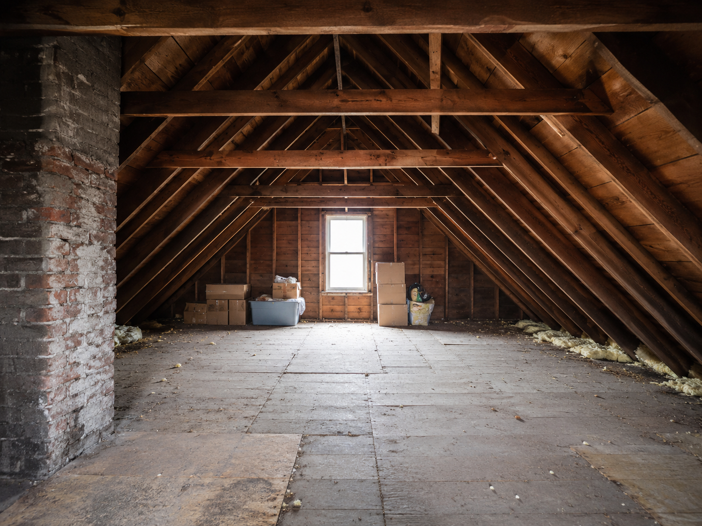 Unfinished attic with exposed wood framing, a brick chimney, rough flooring, a central window, and storage boxes before renovation