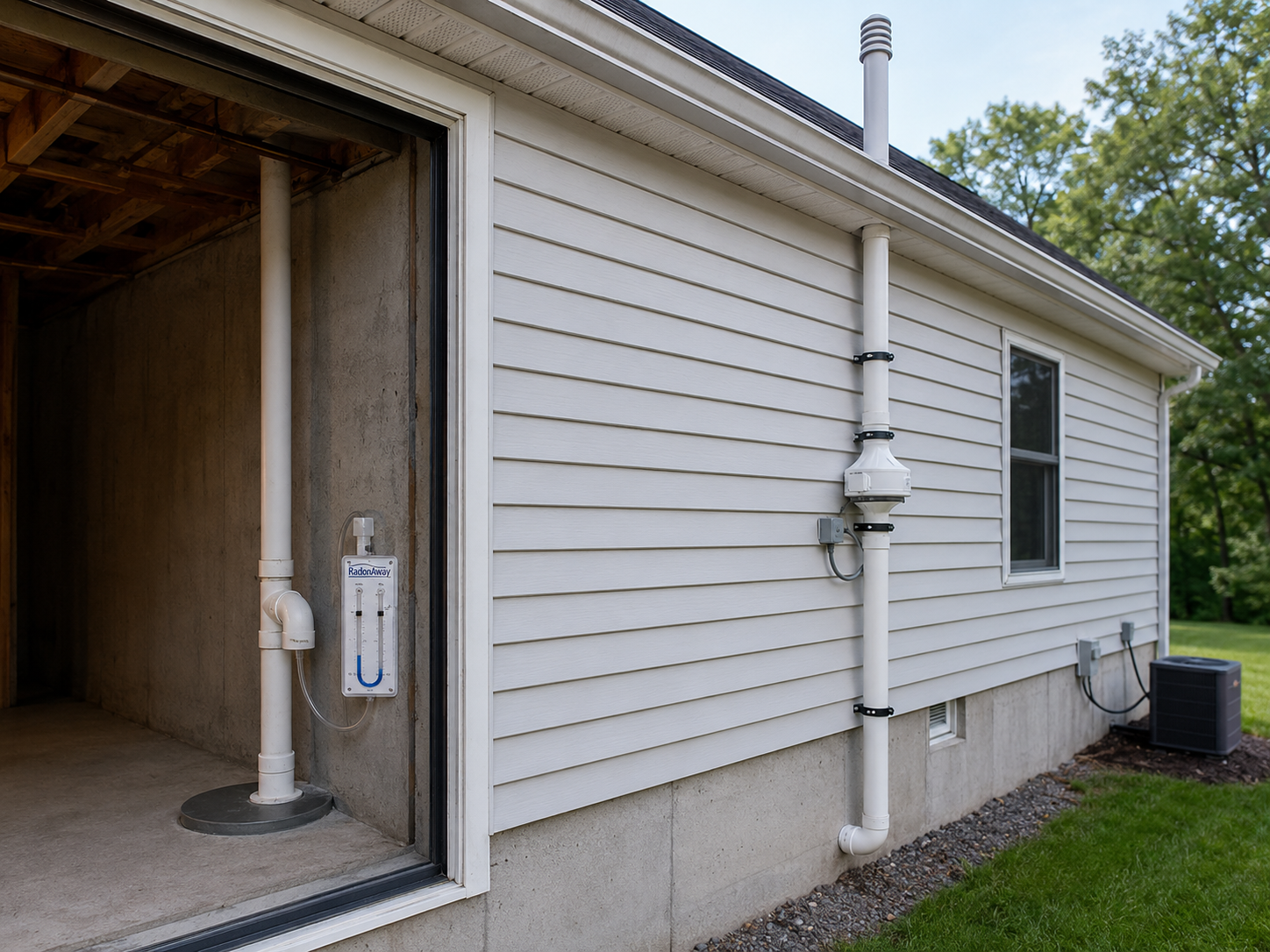 Indoor and outdoor radon mitigation system on a house.