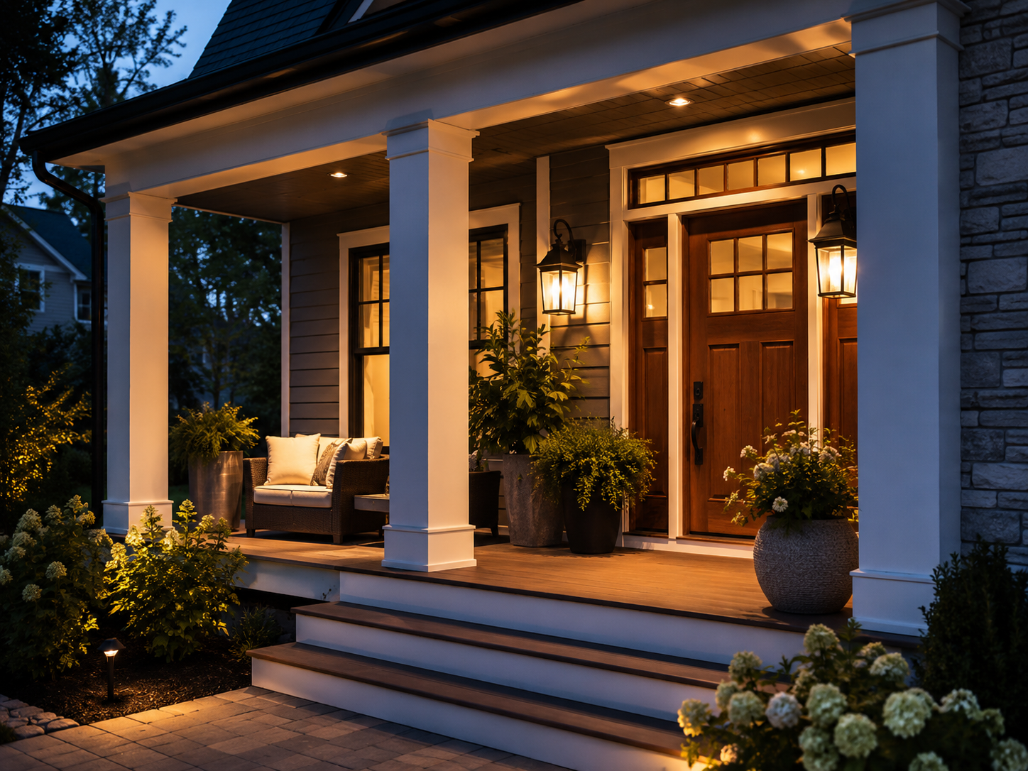 Illuminated covered front porch with white columns, a wood entry door, deck, steps, outdoor furniture, and manicured landscaping at dusk