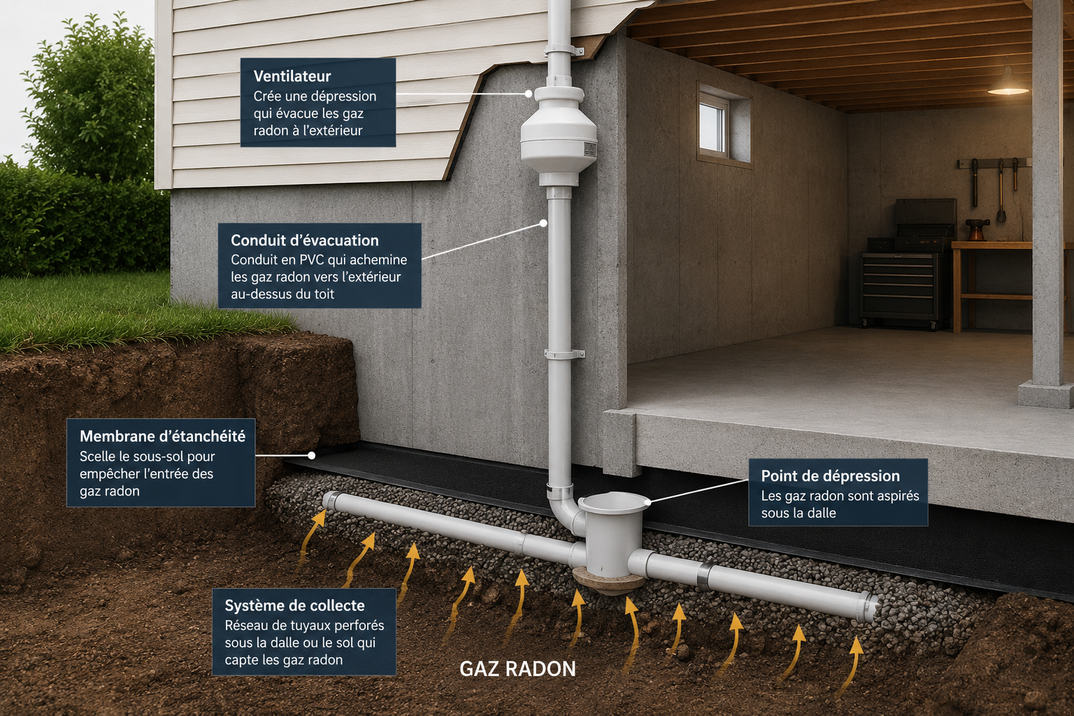 Schéma en coupe d’un système d’atténuation du radon avec membrane d’étanchéité, réseau de collecte sous dalle, point de dépression, conduit d’évacuation et ventilateur extérieur.