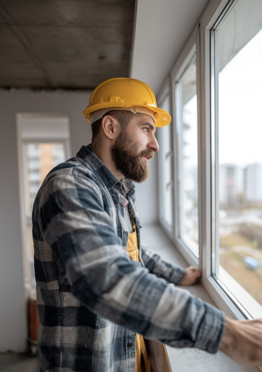 Travailleur de construction portant un casque jaune regardant par une fenêtre dans un bâtiment en rénovation.