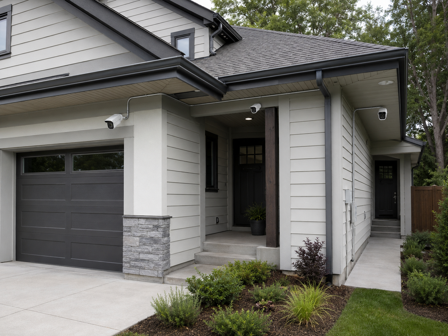 Modern home exterior with outdoor security cameras installed under the soffits providing complete residential surveillance of the entrance and garage