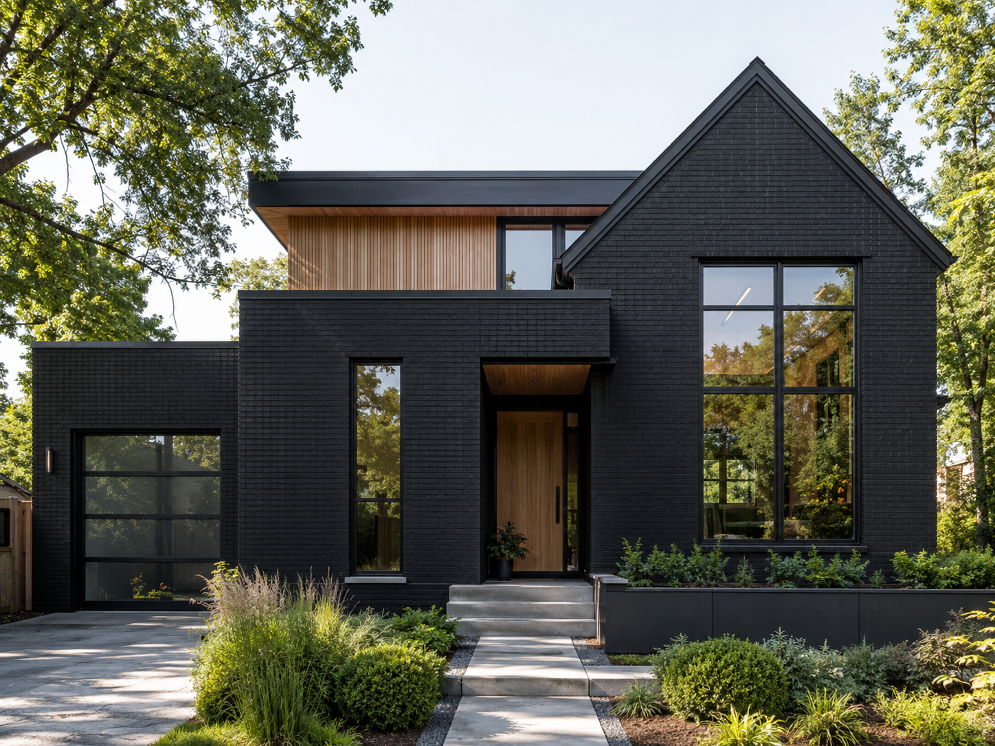 Maison contemporaine noire avec façade en brique, accents de bois naturel, grandes fenêtres, garage intégré et aménagement paysager moderne