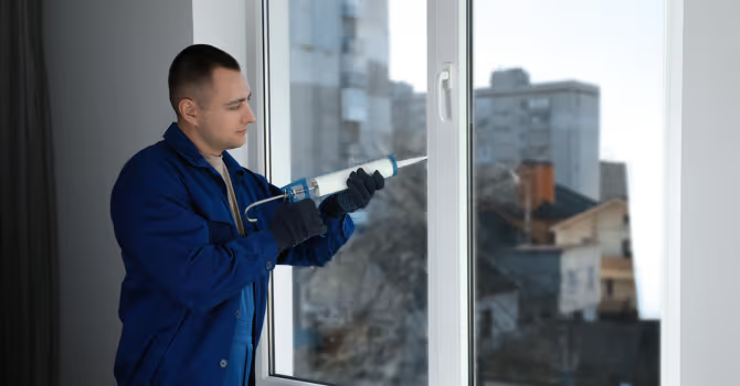Technician in a blue jacket applying caulking sealant on an interior window to improve frame and glass sealing.