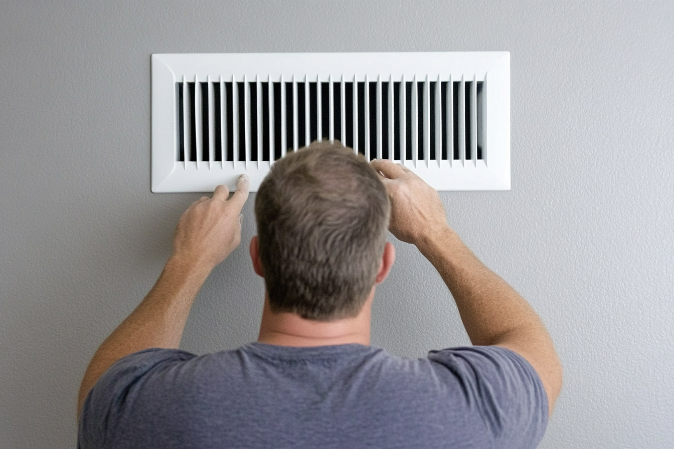 Man inspecting or adjusting a white wall vent grille in an interior room.