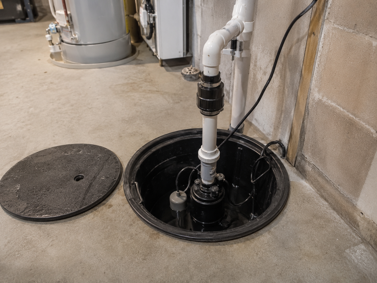 Pompe de puisard ouverte avec tuyaux en PVC, clapet antiretour et bassin de drainage installés sur un plancher de sous-sol en béton.