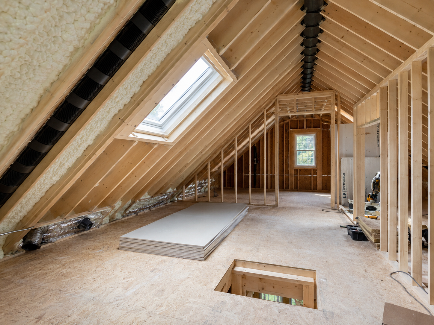 Aménagement de combles en cours avec charpente en bois, isolation projetée, conduits de ventilation, puits de lumière, cloisons et panneaux de gypse prêts à installer