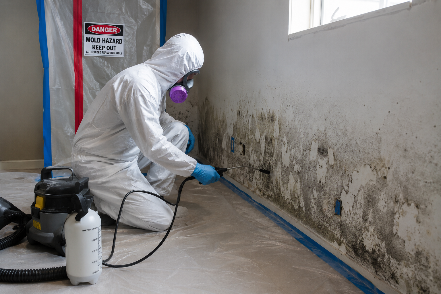 Worker in protective coveralls applying mold remediation treatment to a heavily contaminated interior wall inside a contained work area.