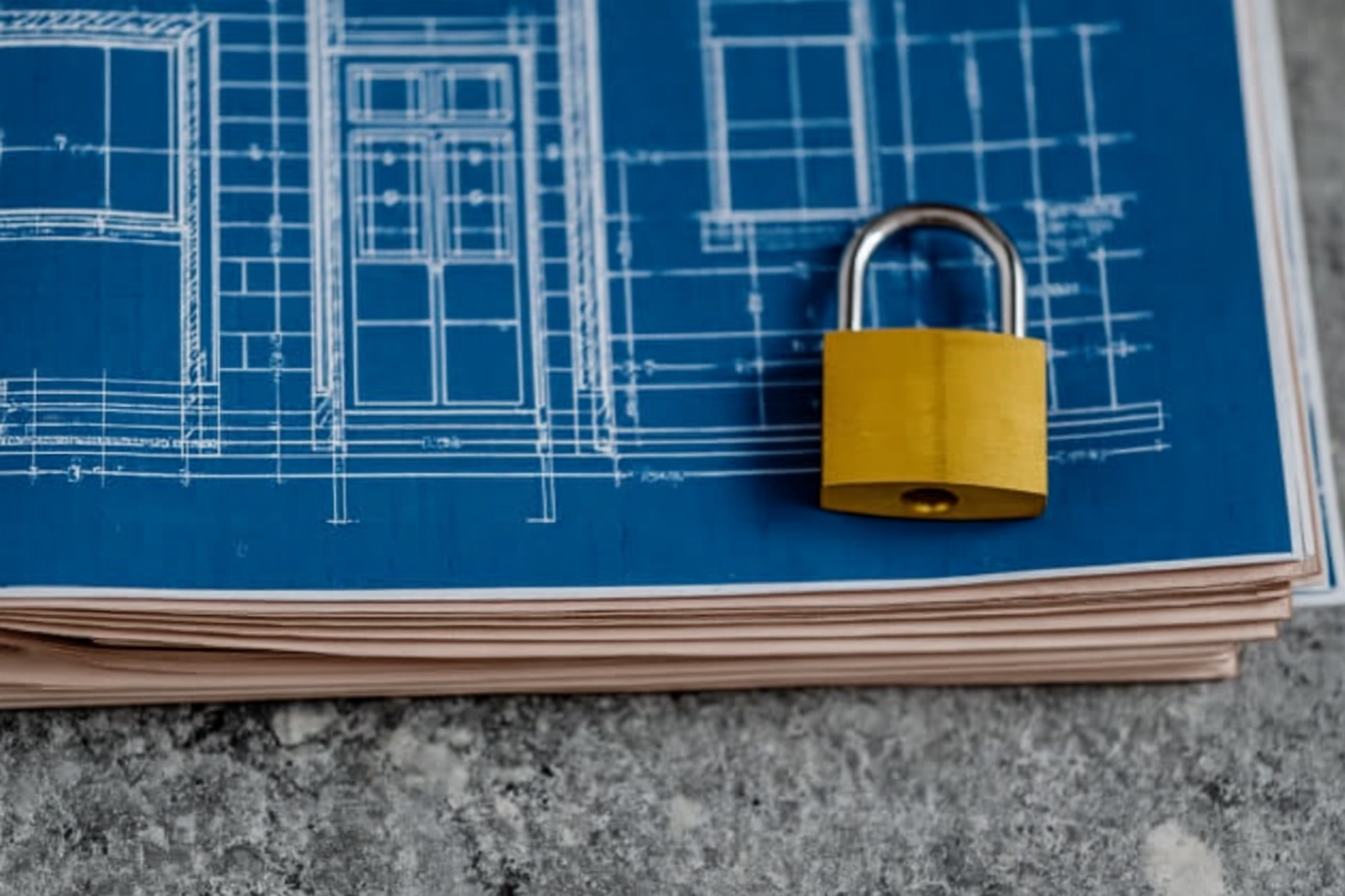 Architectural house blueprint with padlock on top symbolizing building security and project protection
