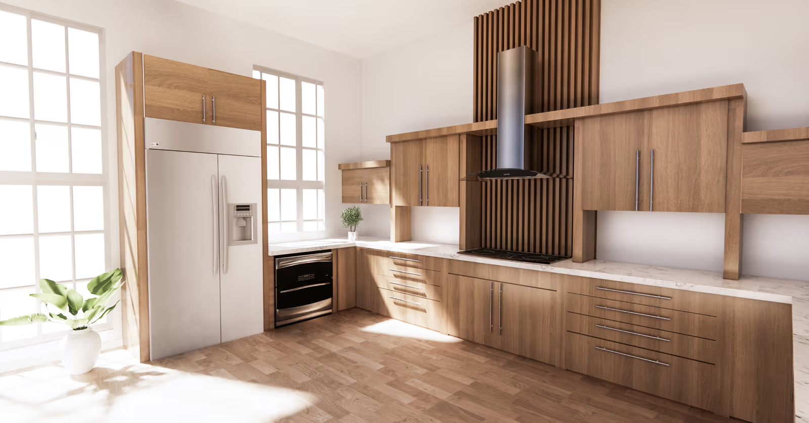 Un plancher de cuisine dernier cri avec des tuiles de vinyle ornées d'un motif rétro, mais très tendance.