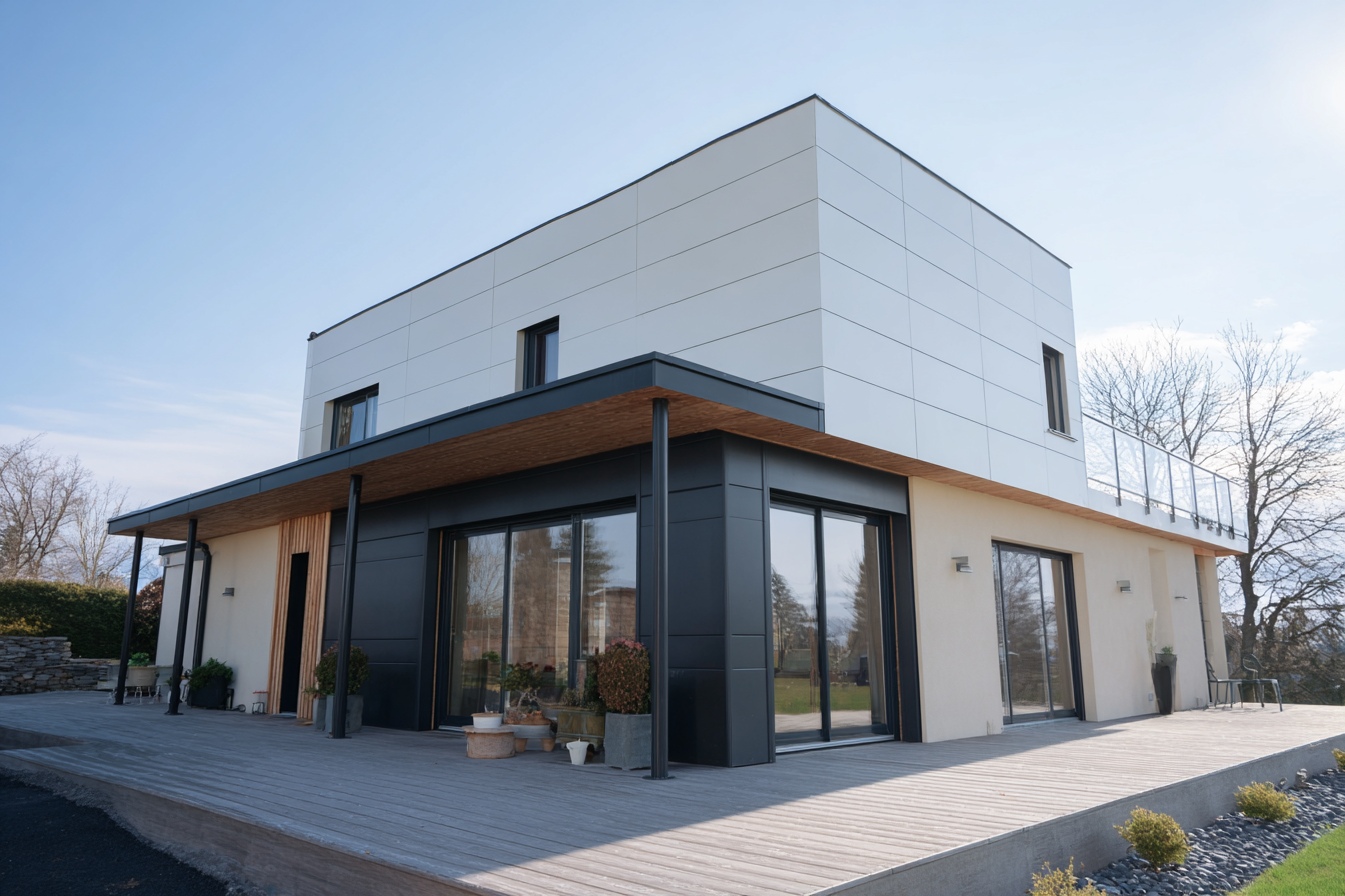 Contemporary two-story house with wooden deck, aluminum exterior cladding and large bay windows