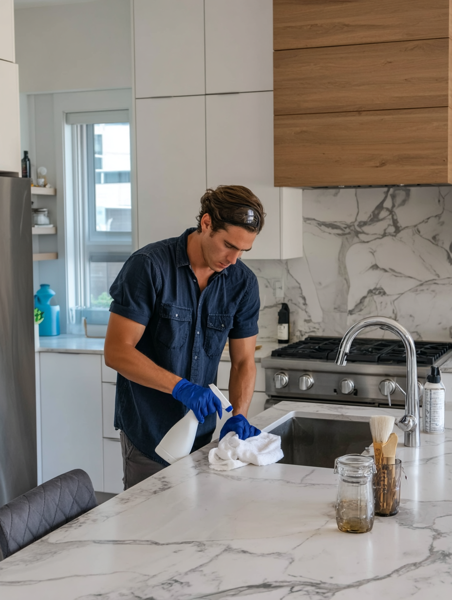Homme nettoyant un comptoir de cuisine en marbre avec produit désinfectant, évier moderne et armoires blanches et bois
