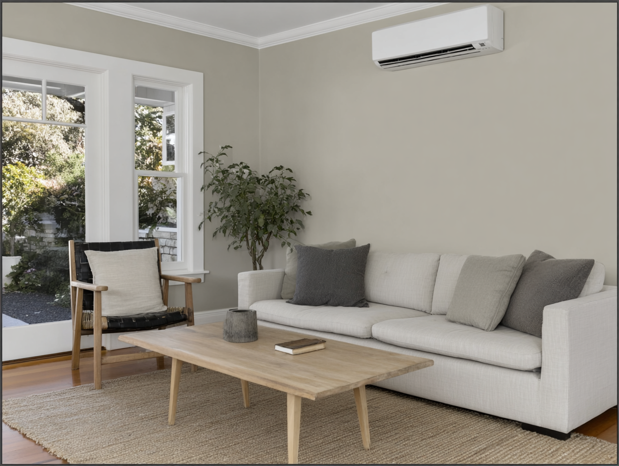 Salon moderne et lumineux avec canapé beige, mobilier en bois clair, plantes vertes et climatiseur mural installé sur le mur principal
