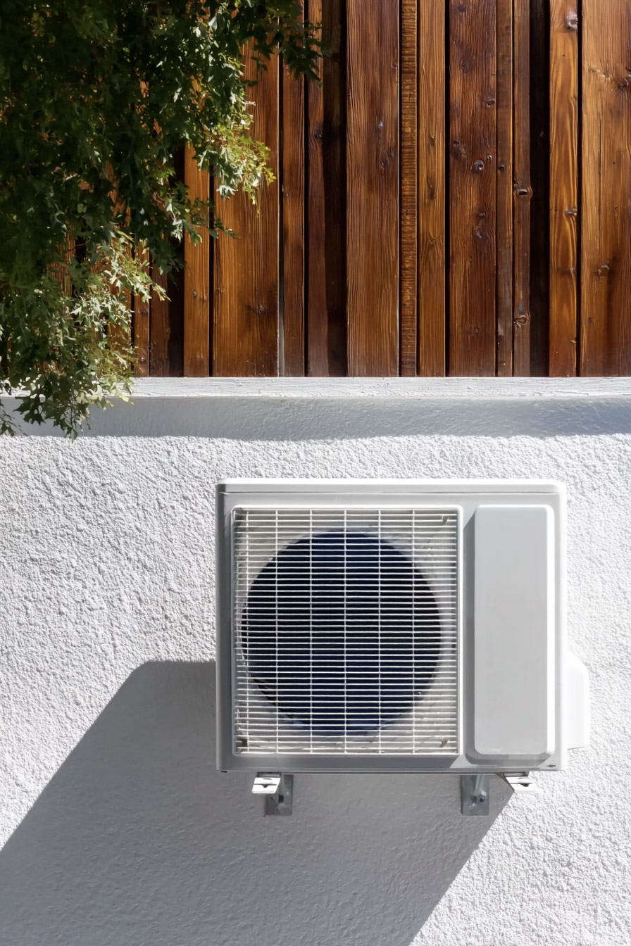 White wall-mounted air conditioning unit installed on a white stucco wall beneath vertical wooden siding.