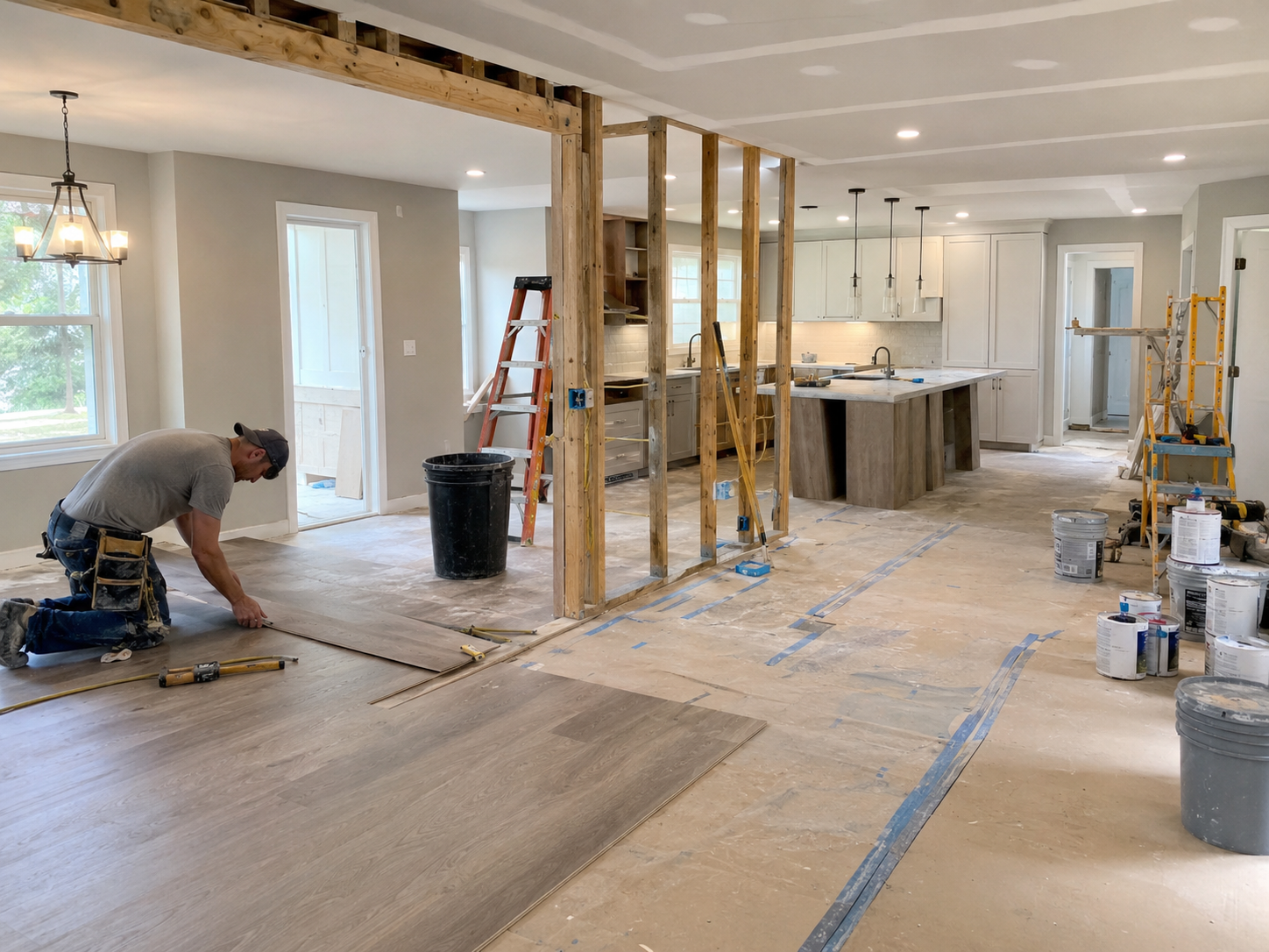 Installation de plancher dans une maison en rénovation avec entrepreneur posant des lames de revêtement de sol devant une cuisine moderne en cours de finition.