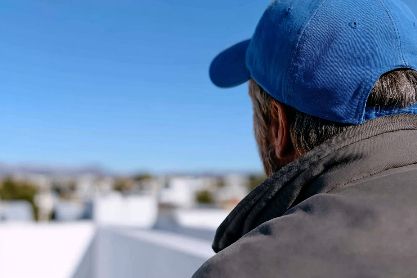 Man in a blue cap on a roof, observing the horizon against a blue sky during roofing work.