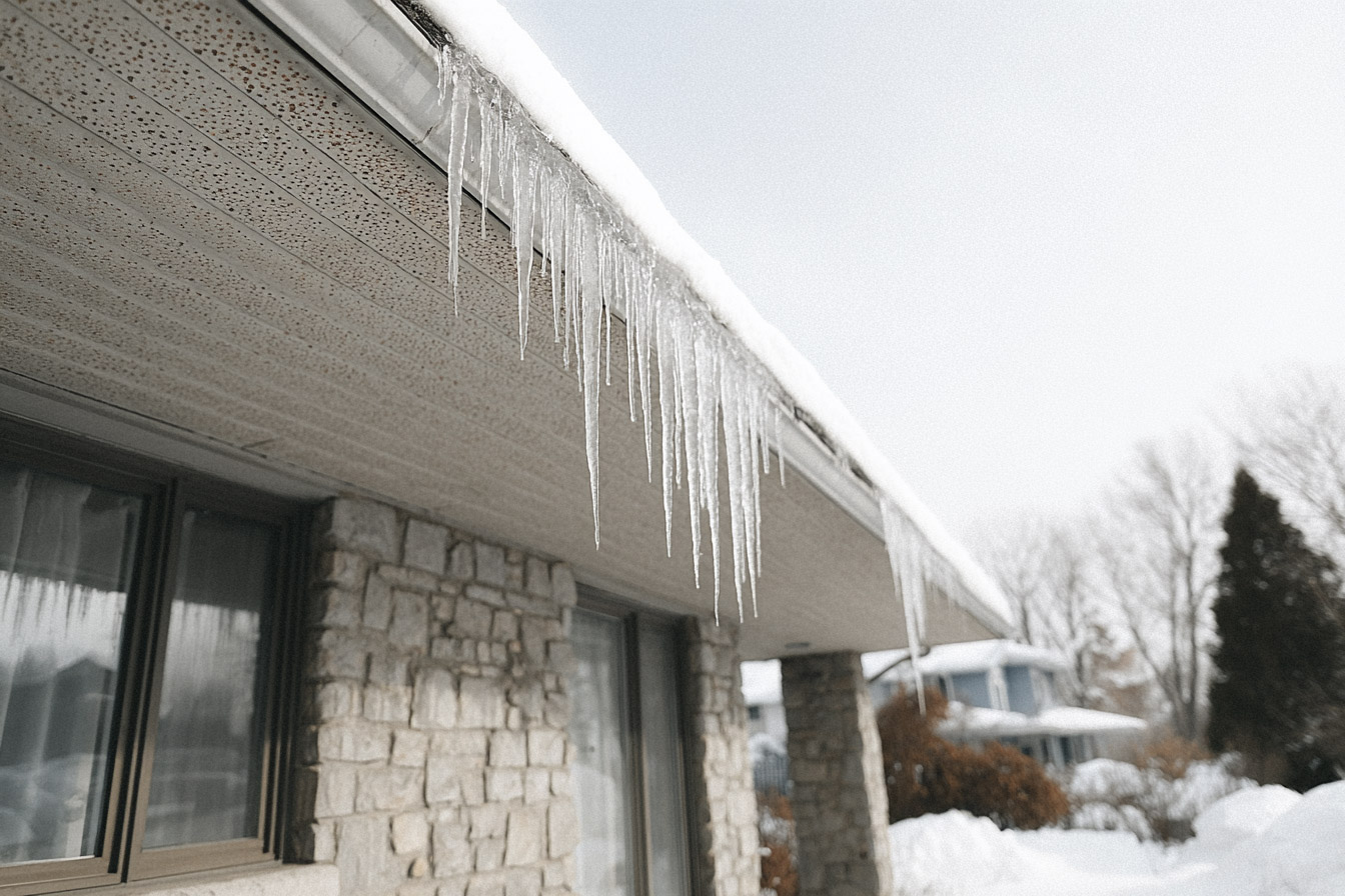 Glaçons accrochés aux gouttières d’une maison en hiver avec neige accumulée sur le toit