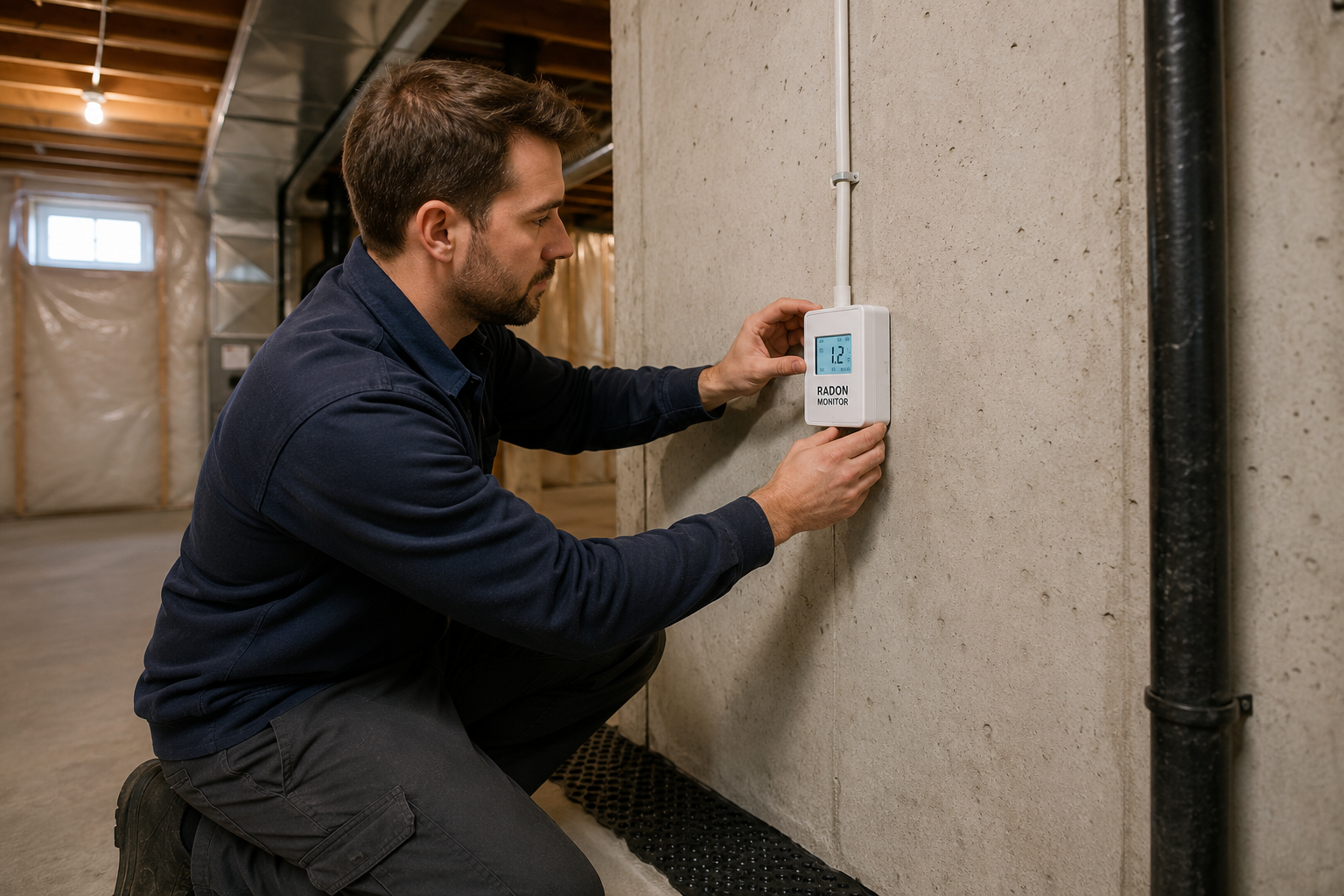 Technicien installant un détecteur de radon sur un mur de fondation en béton dans un sous-sol résidentiel pour mesurer la concentration de radon.