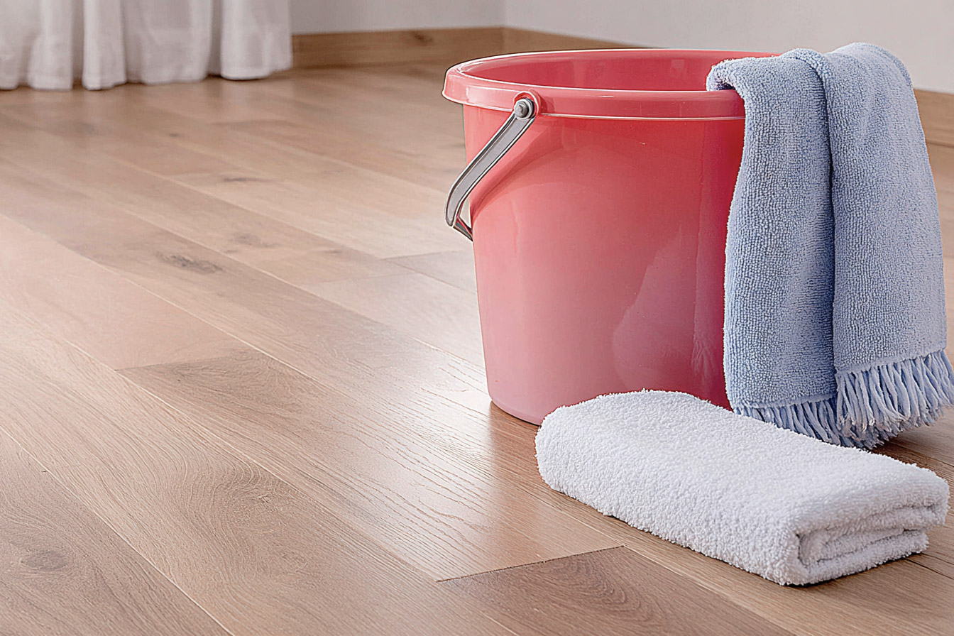 Seau rouge avec serviettes posées sur un plancher de bois clair pour l’entretien et le nettoyage d’un intérieur résidentiel.