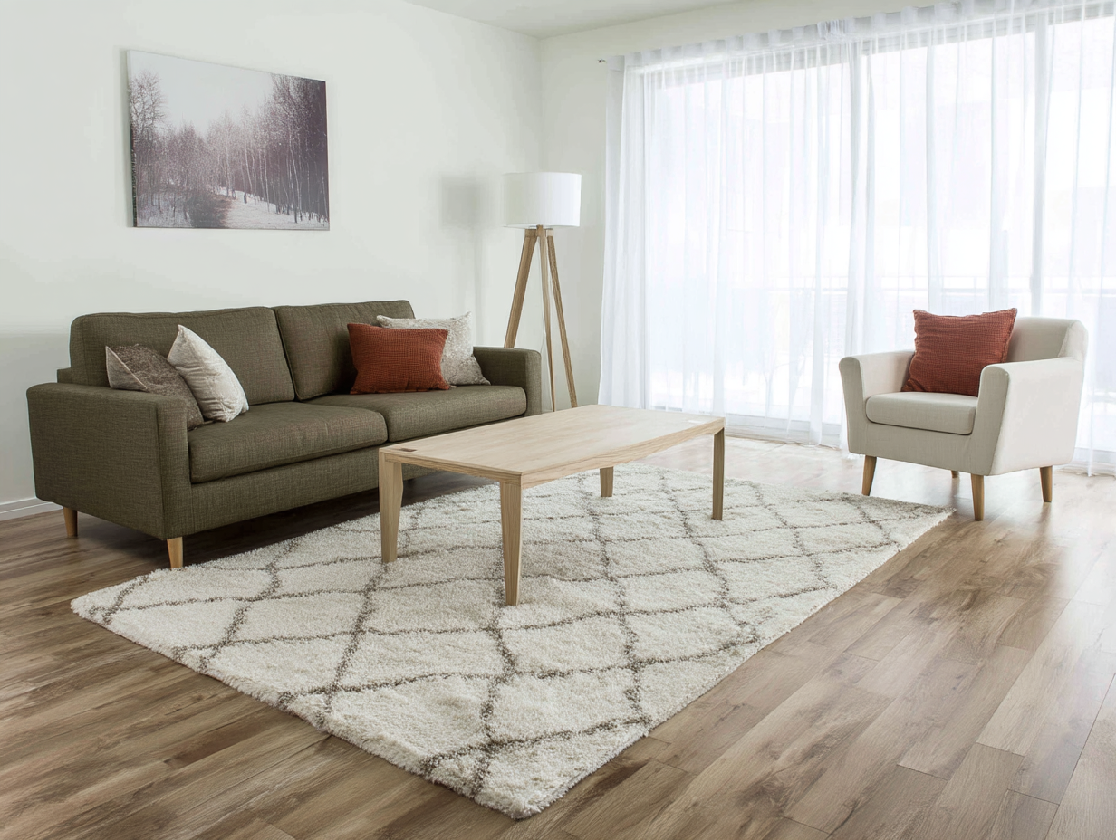 Modern living room with olive green sofa, cream armchair, light wood coffee table and patterned rug on wooden floor