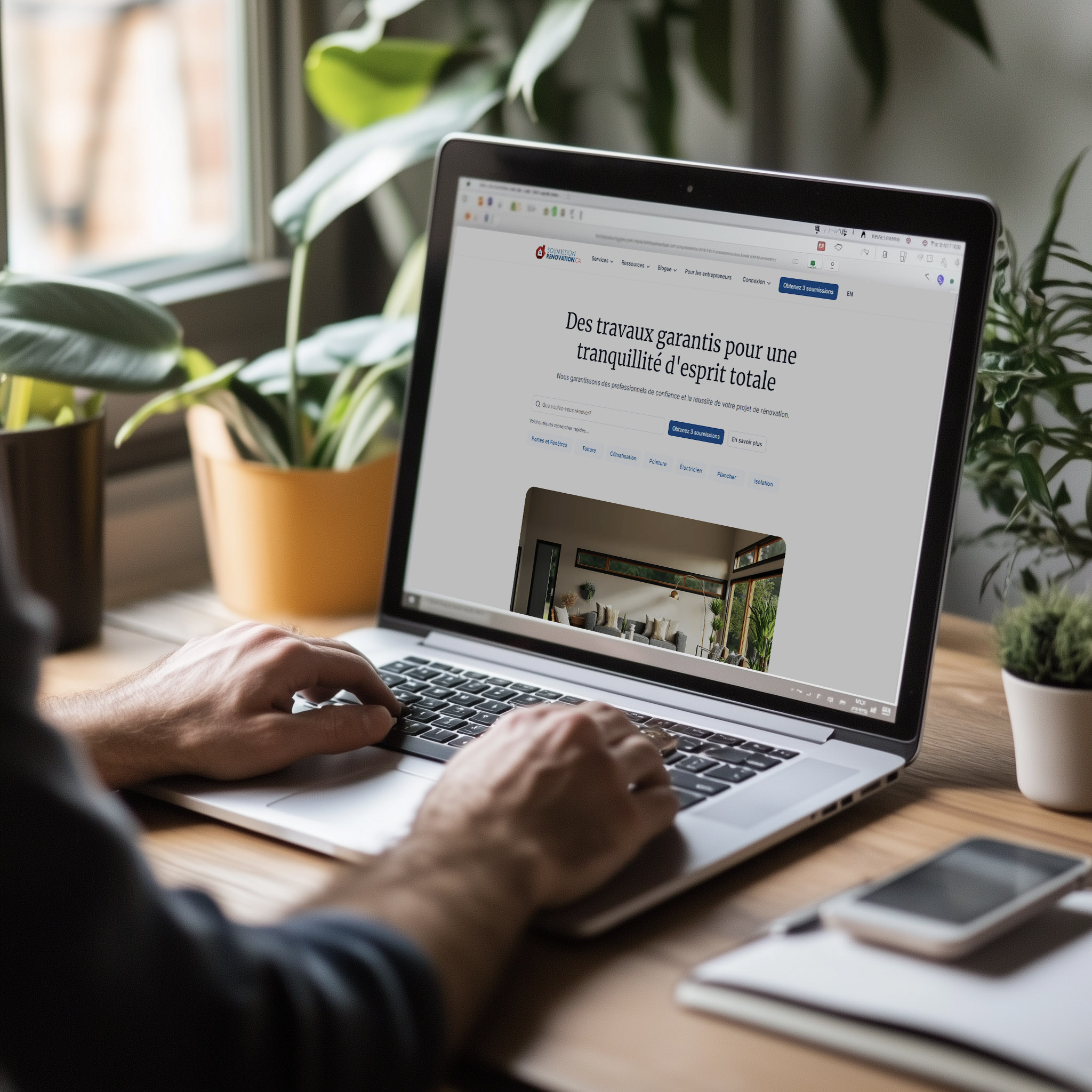 Personne utilisant un ordinateur portable pour consulter un site de rénovation résidentielle dans un bureau à domicile entouré de plantes.