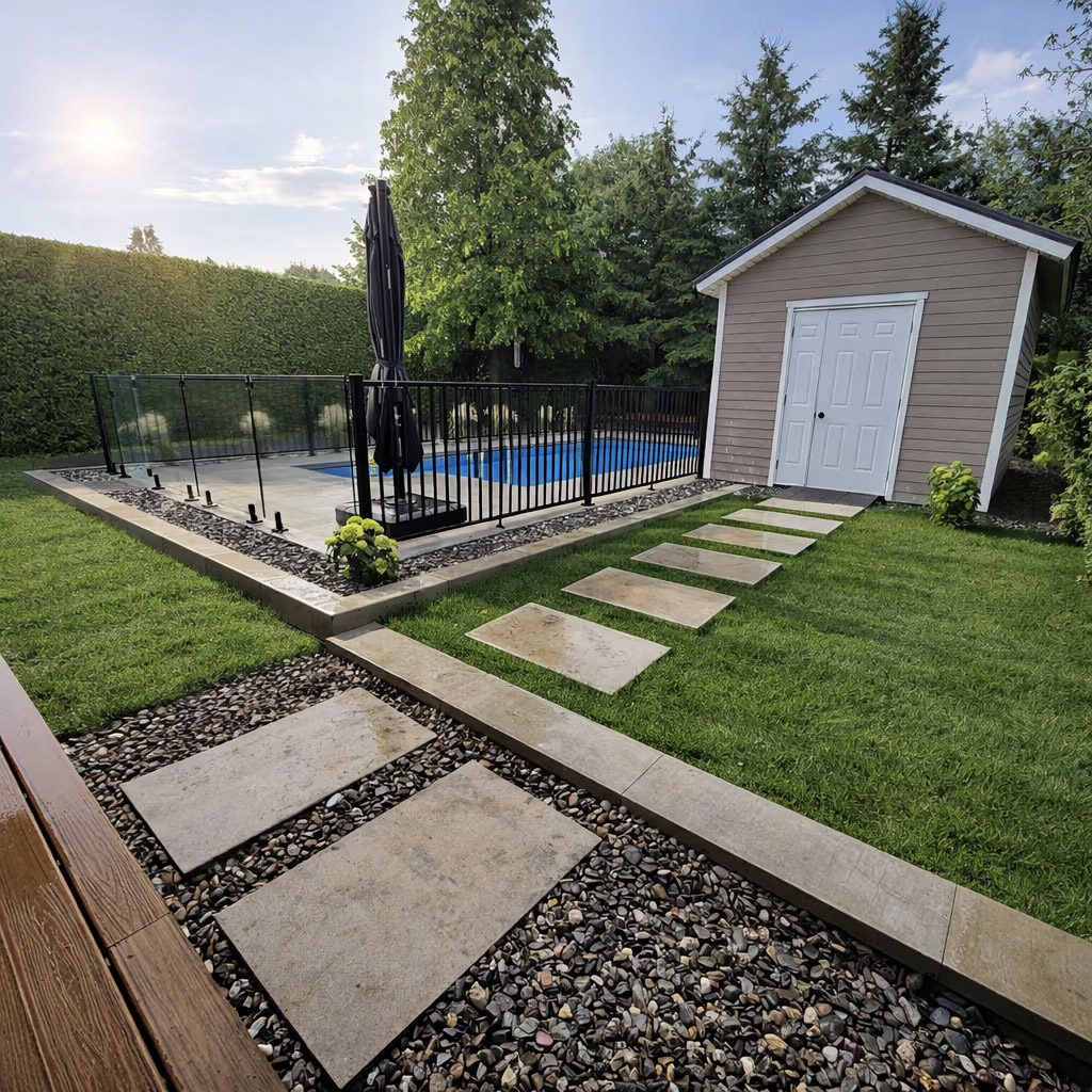 Landscaped backyard with in-ground pool, black fence, concrete slabs, decorative gravel and shed.