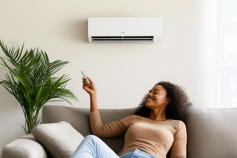 Relaxed woman on sofa controlling wall-mounted air conditioner in bright living room with green plant
