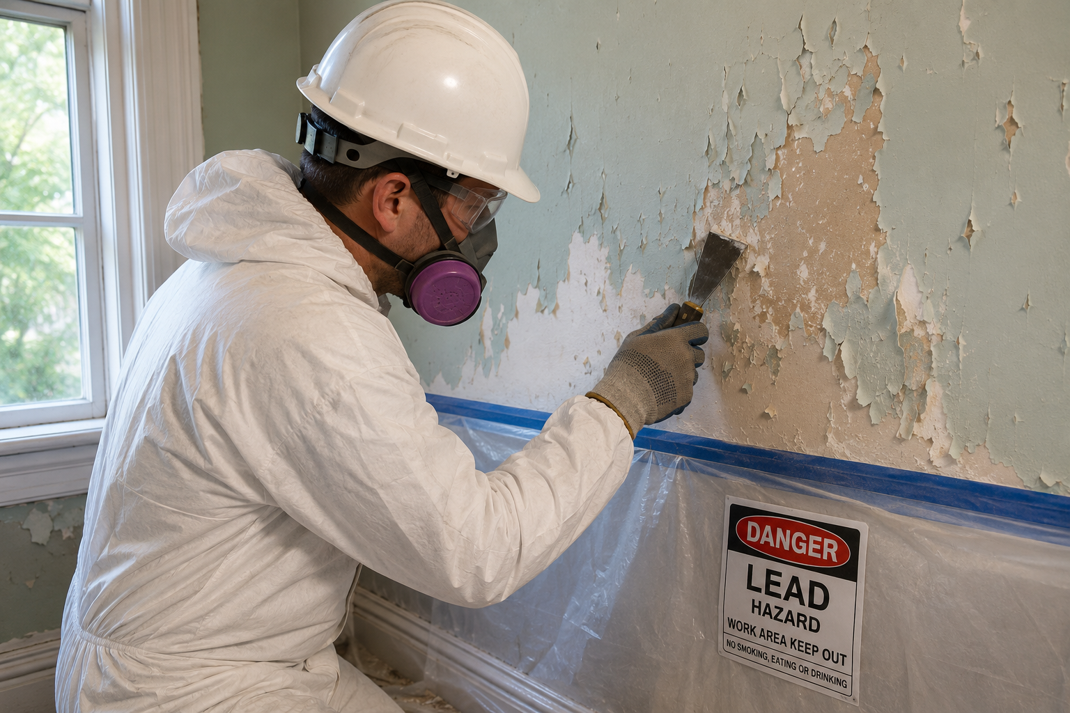 Worker in protective equipment removing peeling lead-based paint from an interior wall inside a contained work area.