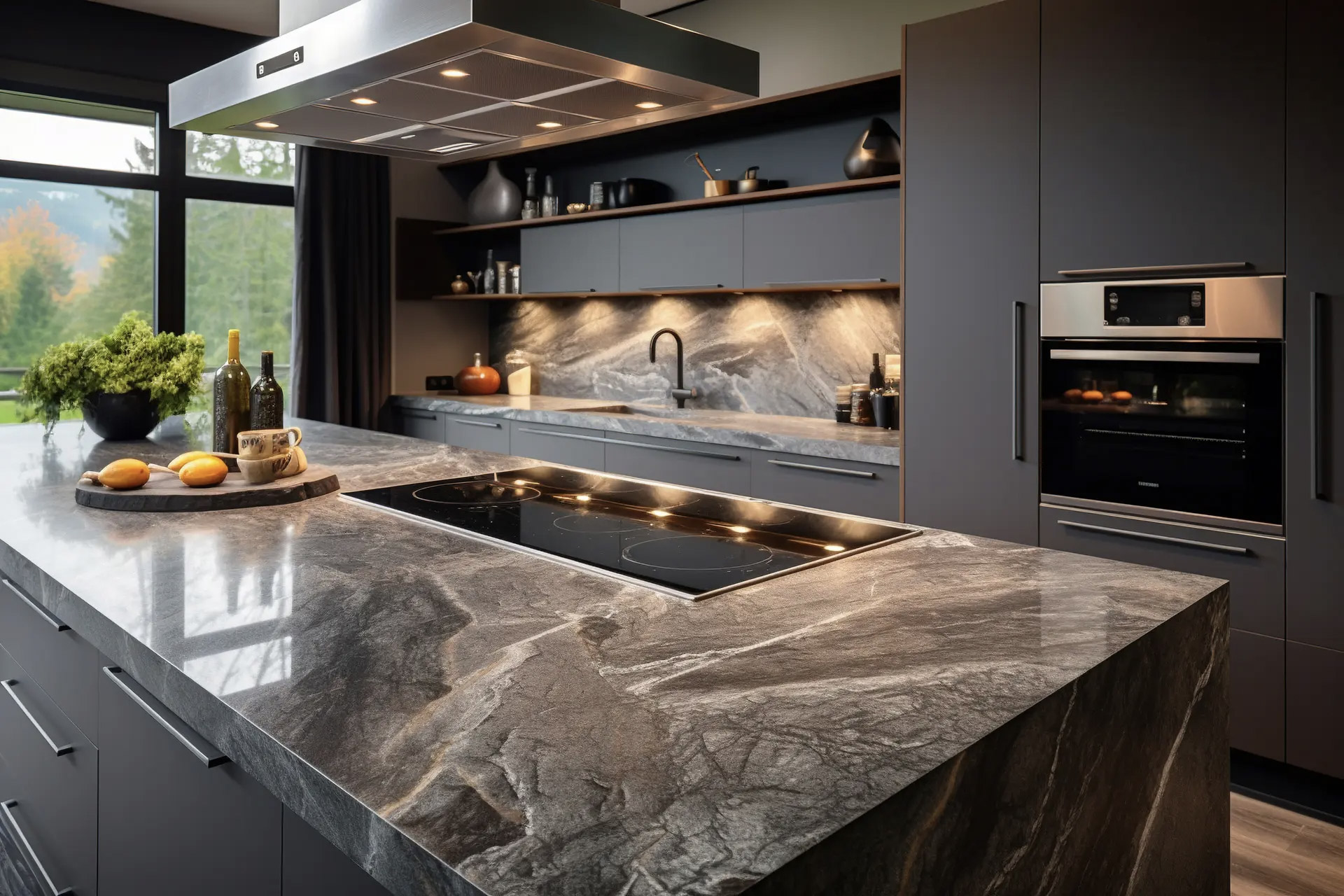 Cuisine moderne aux tons foncés avec grand îlot en pierre naturelle, plaque de cuisson intégrée, hotte suspendue, armoires anthracite et dosseret assorti.