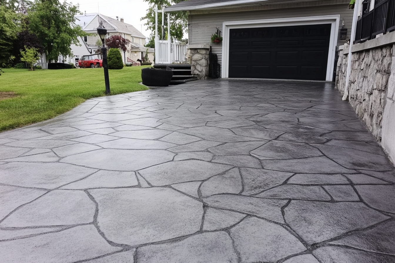 Entrée de garage en béton estampé imitation pierre avec finition texturée devant une maison résidentielle.