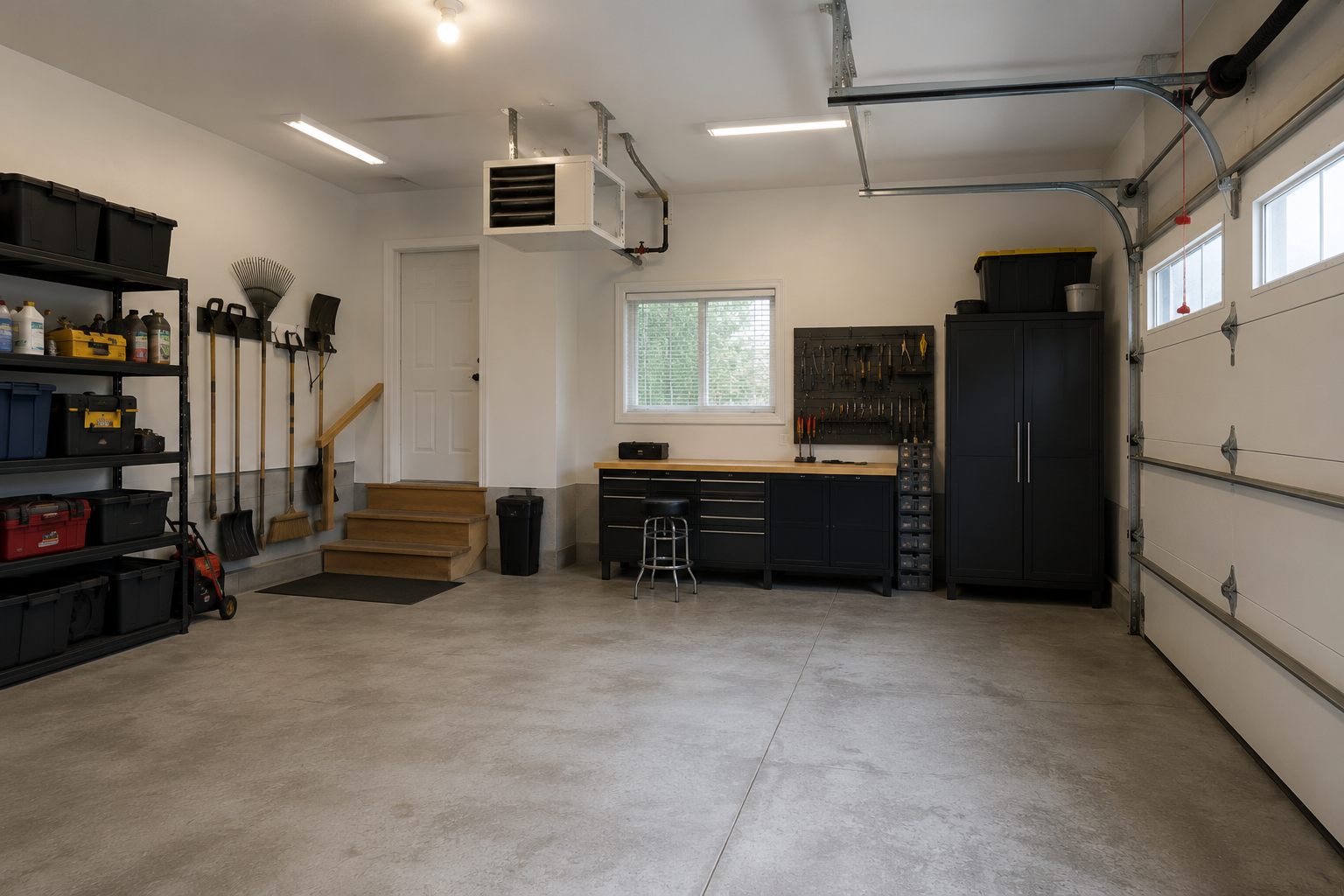 Garage résidentiel propre et organisé avec établi noir, armoires de rangement, outils muraux, étagères, porte sectionnelle, chauffage suspendu et plancher en béton.