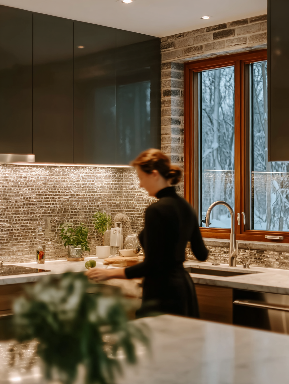 Cuisine contemporaine avec armoires foncées, dosseret en briques, comptoir clair, grande fenêtre en bois et personne en préparation culinaire