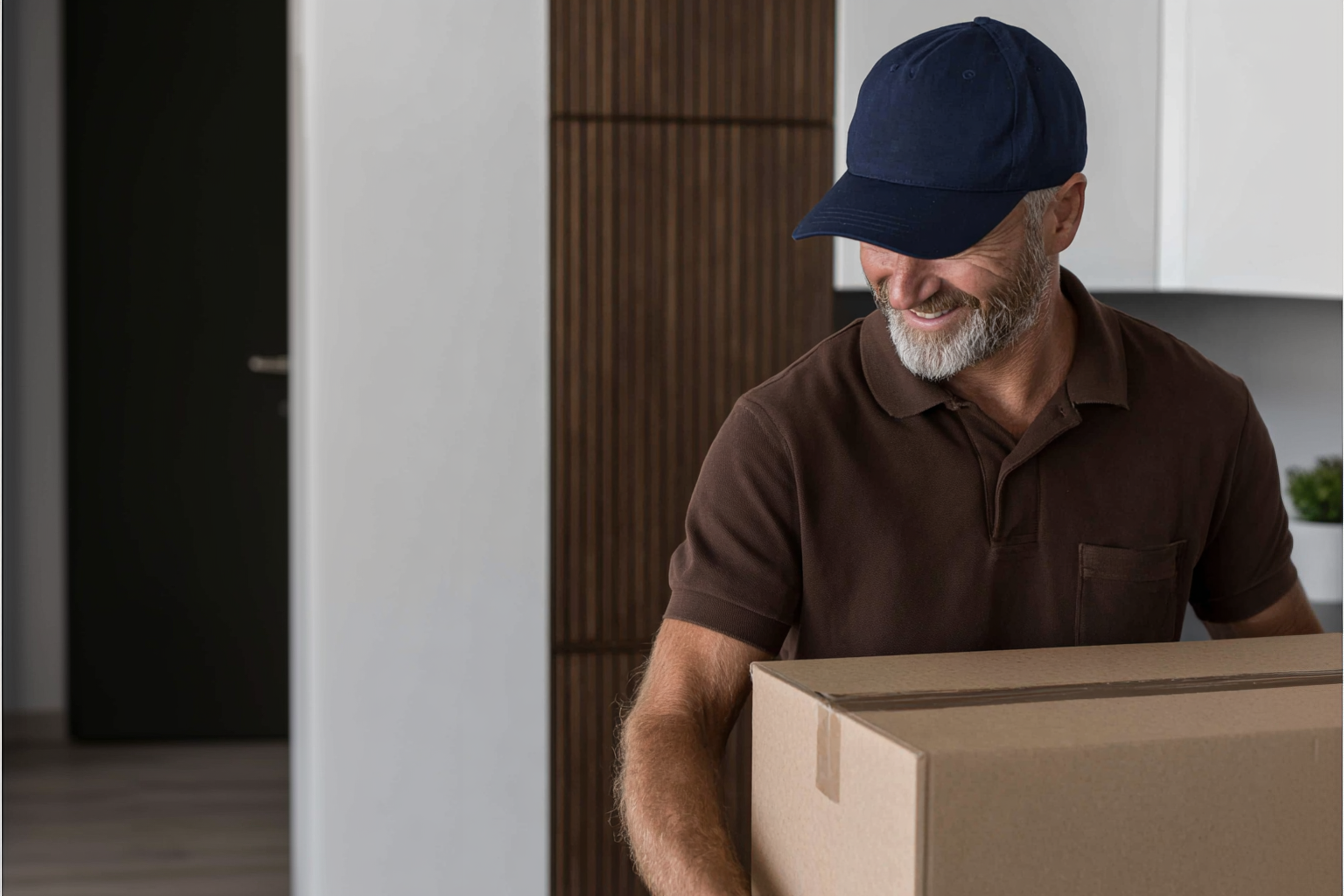 Smiling man with a blue cap carrying a moving box in a modern interior