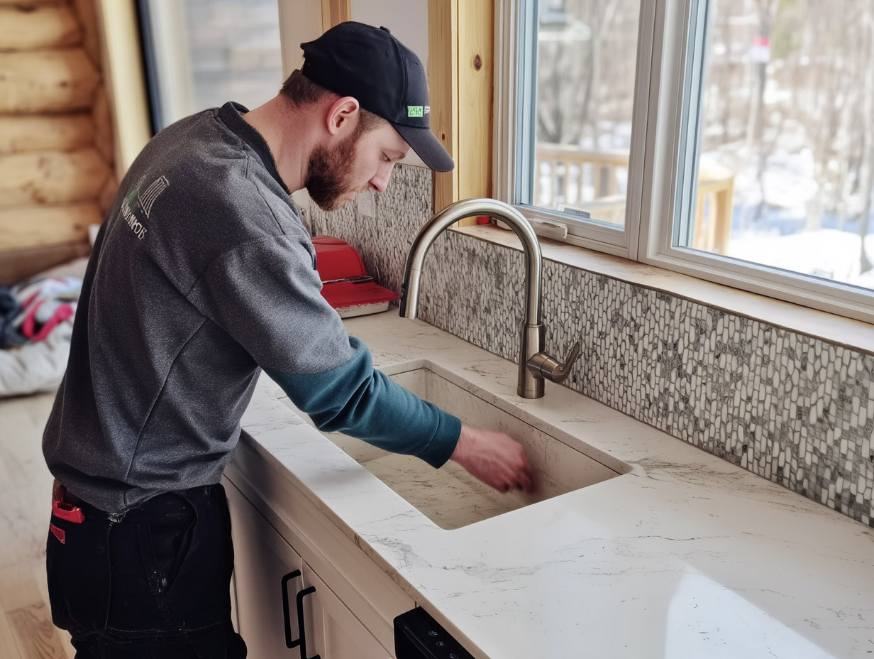 Installateur travaillant sur un évier de cuisine avec comptoir blanc effet marbre et dosseret en mosaïque.