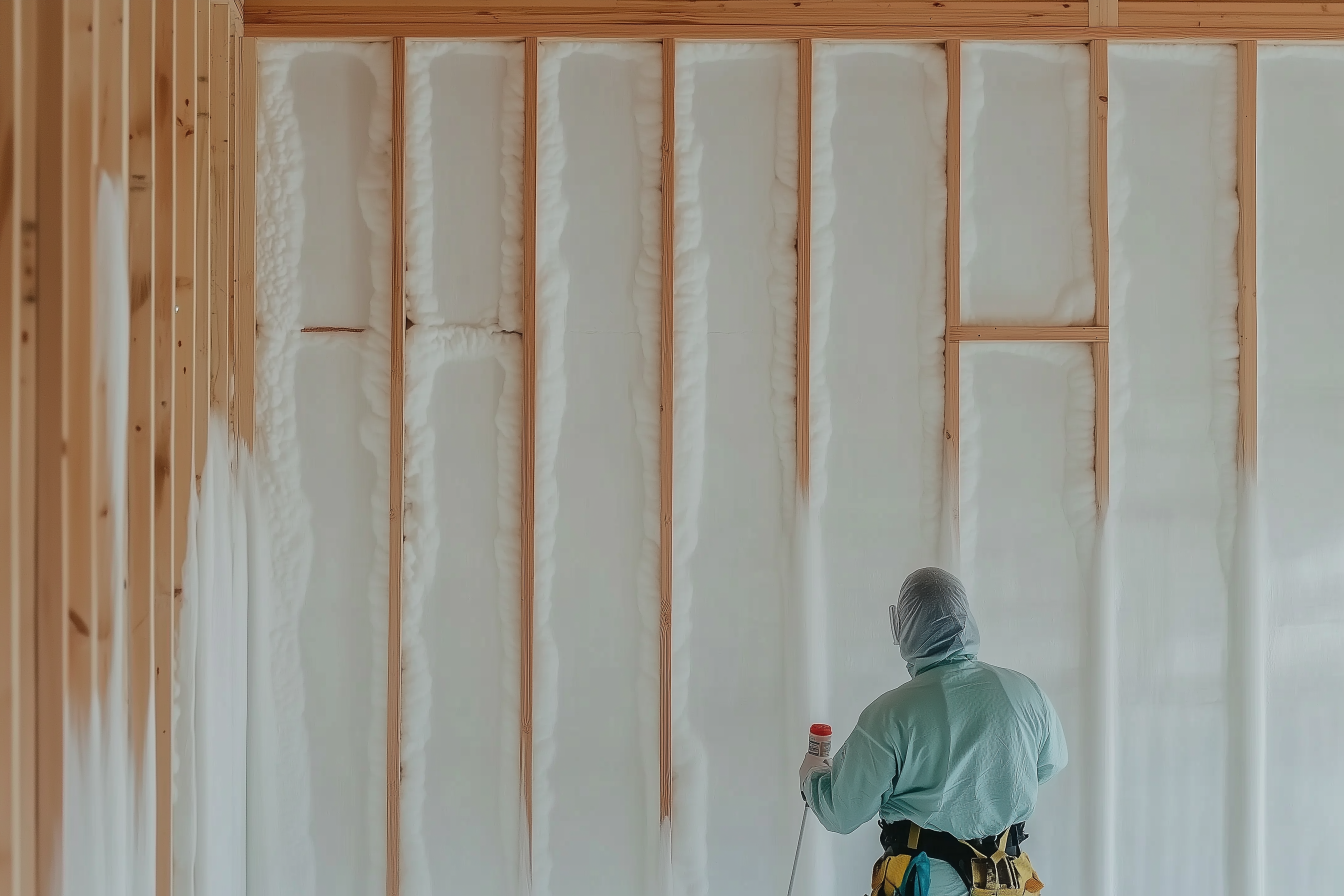 Installer in protective suit spraying white foam insulation on a wood wall frame during interior insulation work