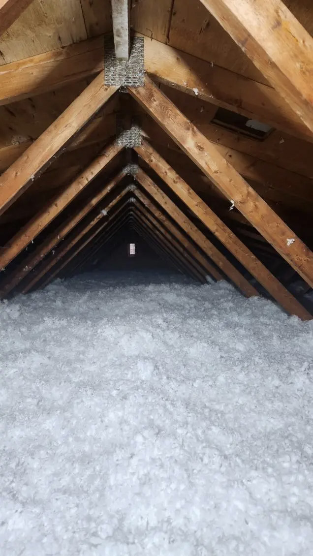 Attic insulated with blown-in cellulose under a wooden frame, providing thermal and acoustic protection.