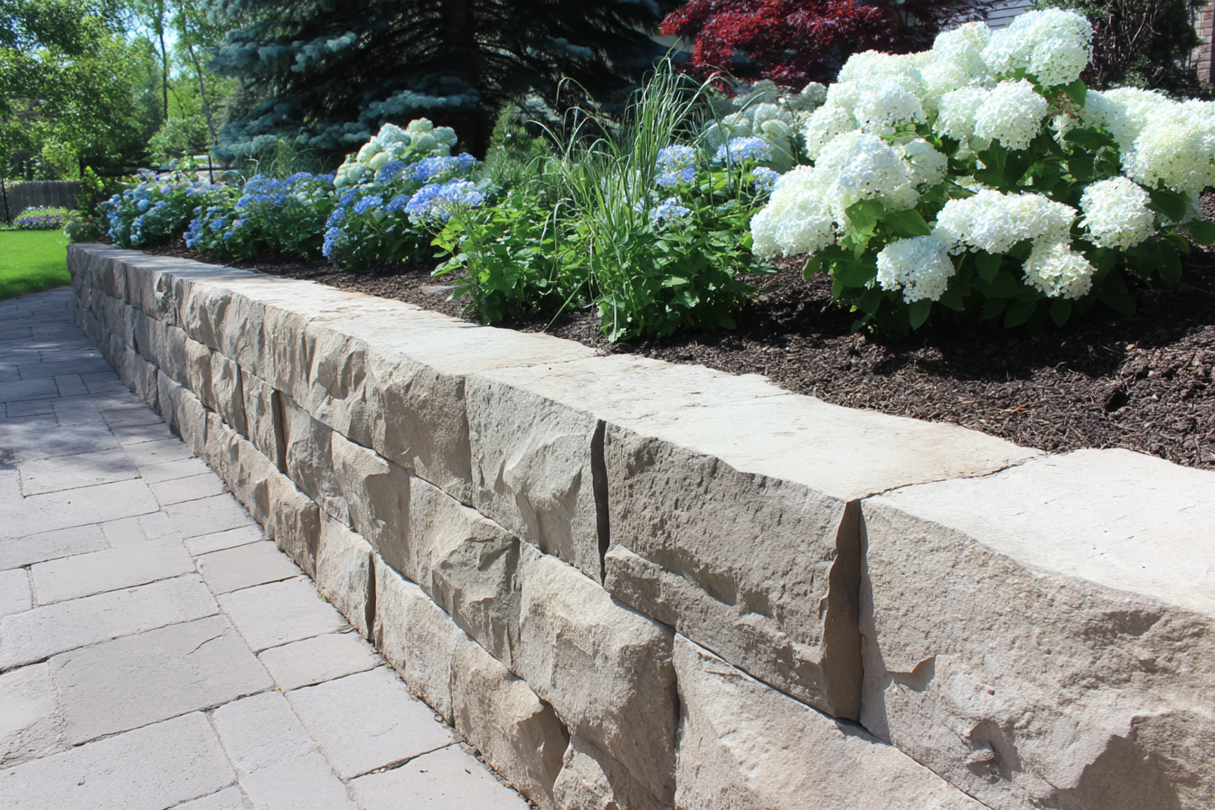 Natural stone retaining wall with flowerbed and paved path