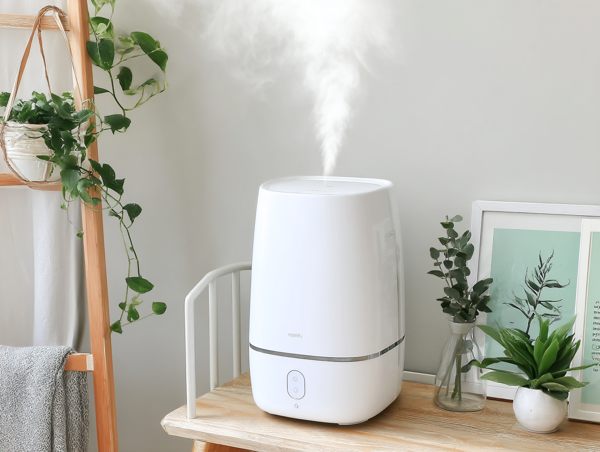 Modern air humidifier releasing mist in a decorated room with plants