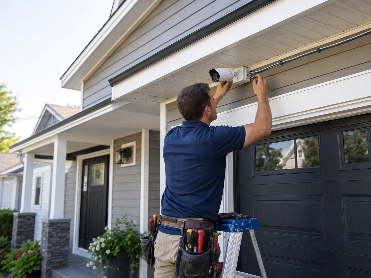 Technician installing an outdoor security camera above a black garage door with exposed wiring, a stepladder, and professional tools