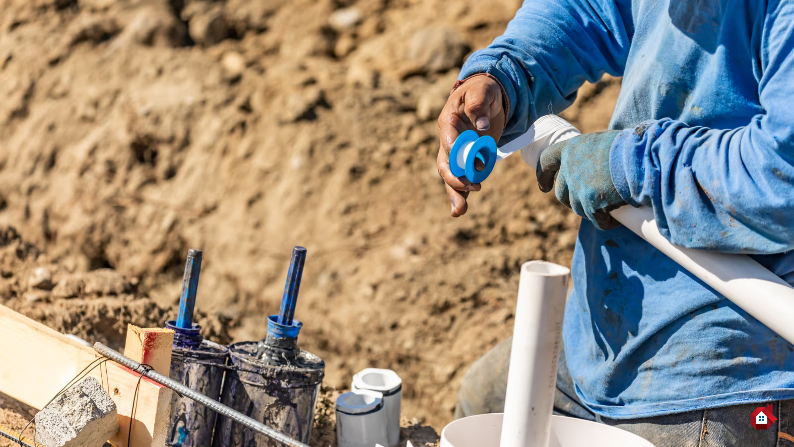 Travailleur appliquant du ruban de plomberie blanc sur un tuyau PVC extérieur près d’une excavation et de matériel de raccordement.