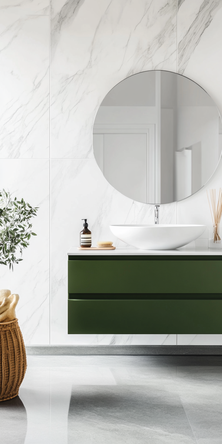 Modern bathroom with floating green vanity, white basin, round mirror and white marble wall