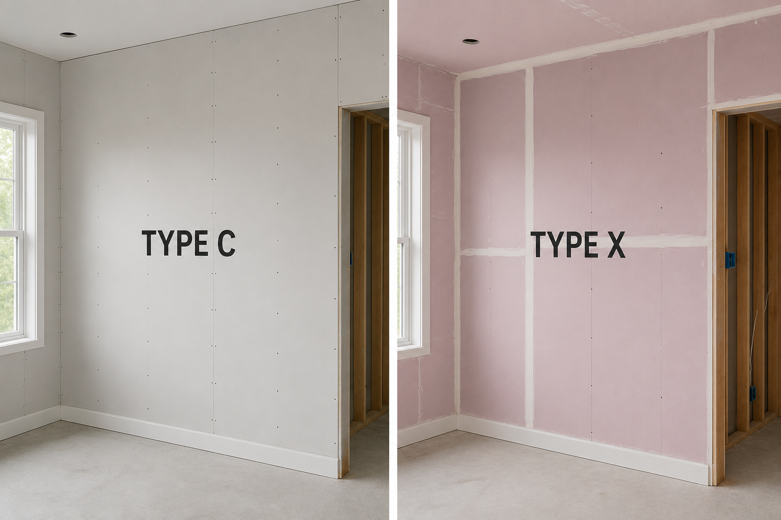 Comparaison entre des panneaux de gypse standard de type C et des panneaux roses résistants au feu de type X installés dans des pièces en construction.