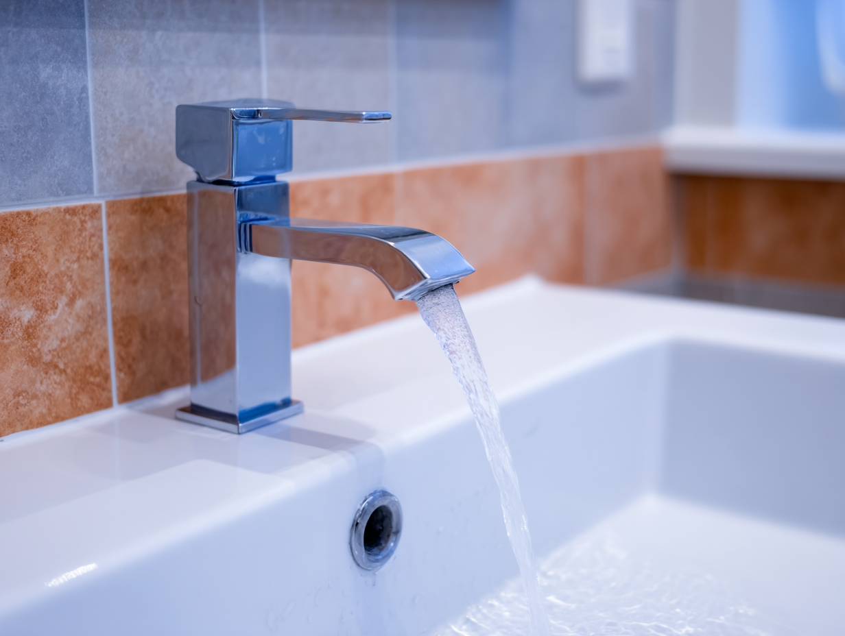 Modern bathroom faucet with running water flowing into a clean and stylish sink