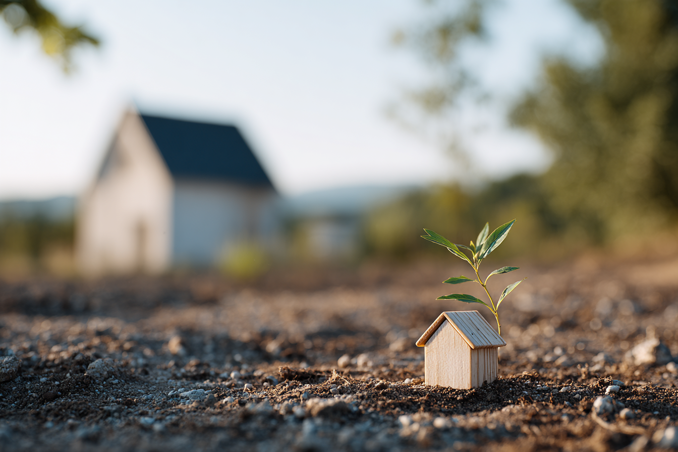 Petite maison en bois miniature avec plante verte qui pousse dans le sol symbolisant construction écologique et croissance durable