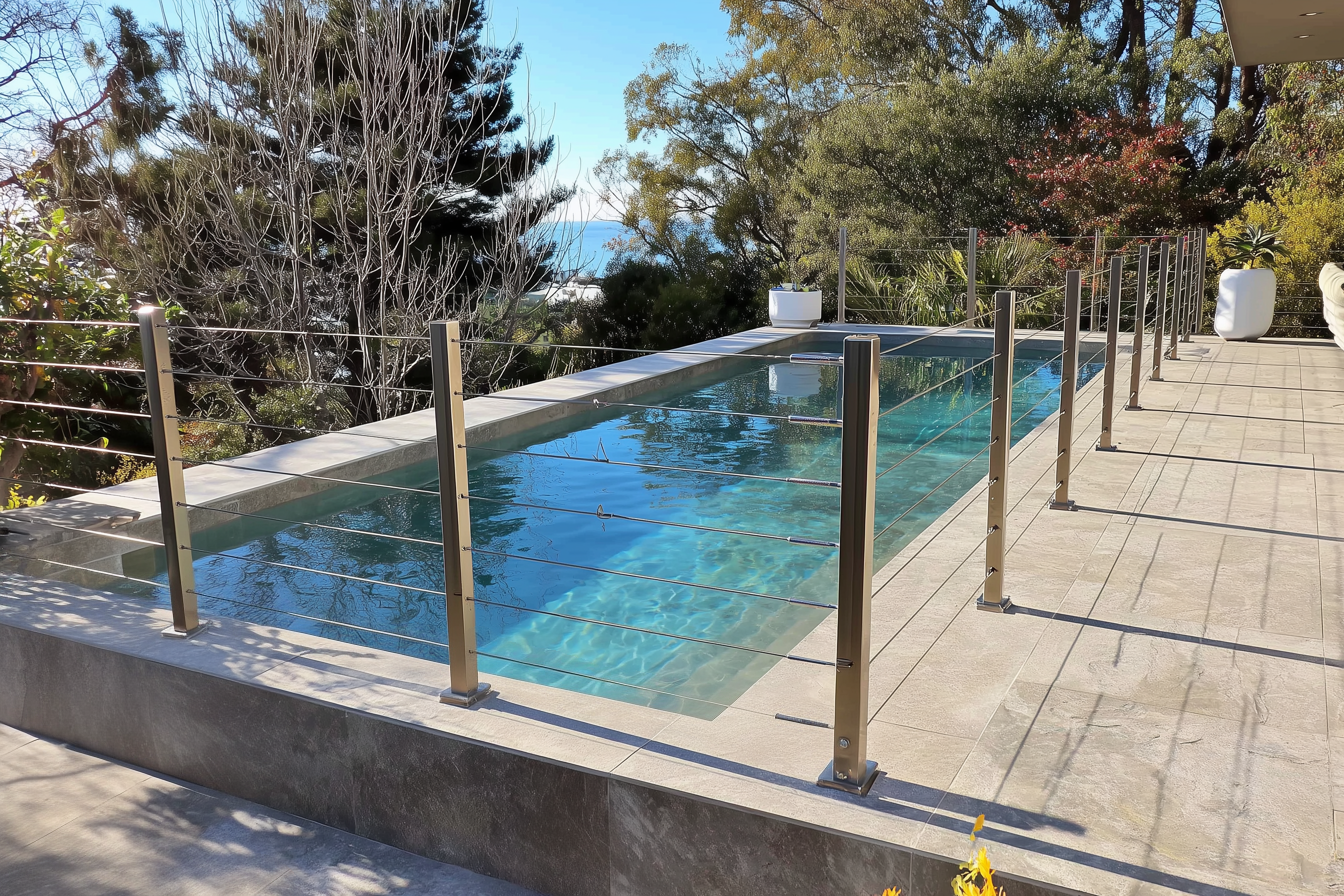 Modern inground pool with stone coping and stainless steel cable safety fence in a residential courtyard