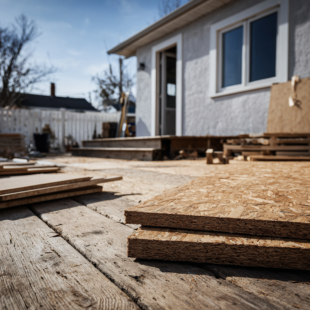 Home extension construction site with OSB wood panels in the foreground, building materials and a residential exterior under renovation.